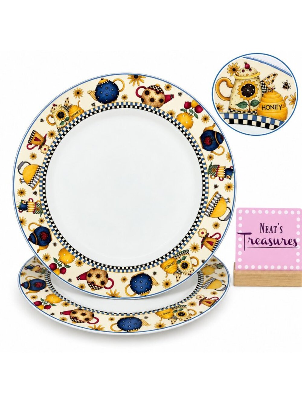 1998 Sakura Debbie Mumm TEAPOTS Various Cups Stoneware Dinner Plates Set of 2